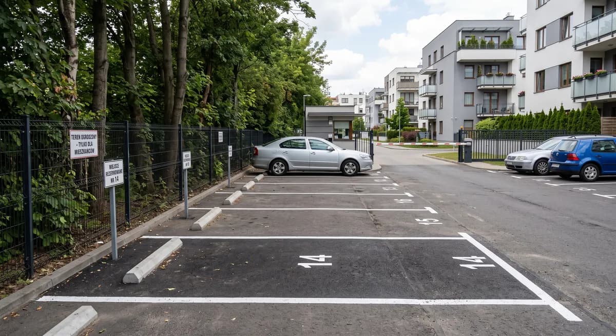 Puste miejsce postojowe na ogrodzonym parkingu osiedlowym ze szlabanem
