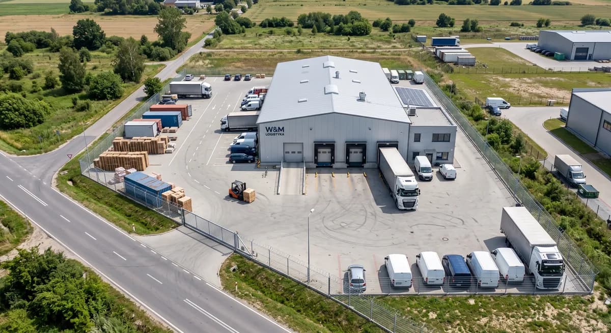 Niewielka hala magazynowa z placem, widok z lotu ptaka
