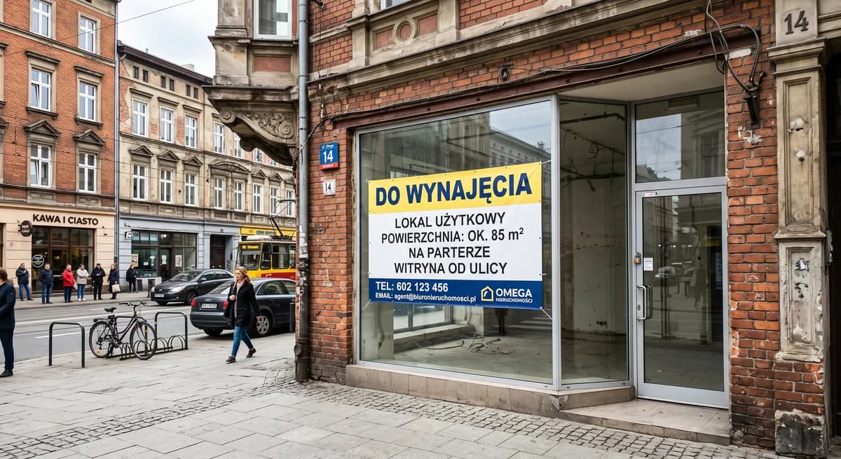 Pusty lokal użytkowy z witryną i banerem „Do wynajęcia”