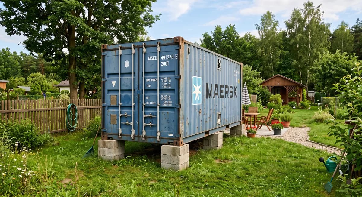 Kontener morski na bloczkach na działce rekreacyjnej