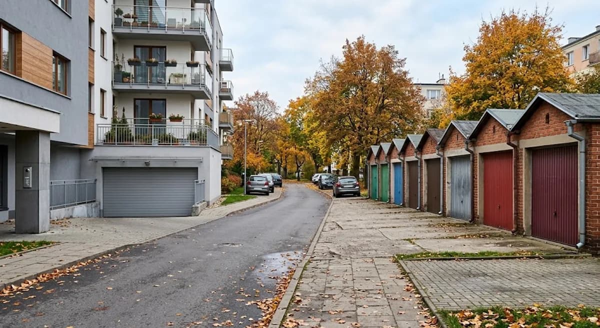 Wjazd do garażu podziemnego w bloku obok szeregu wolnostojących garaży na osiedlu