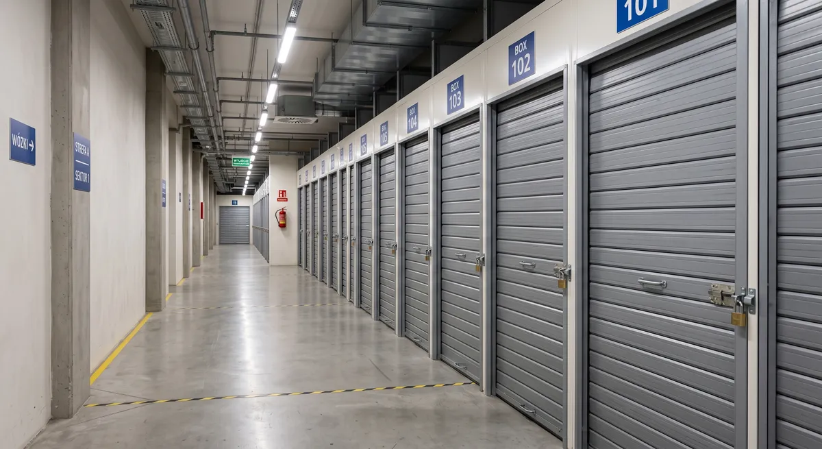 Korytarz obiektu self storage z rzędem boksów z roletami