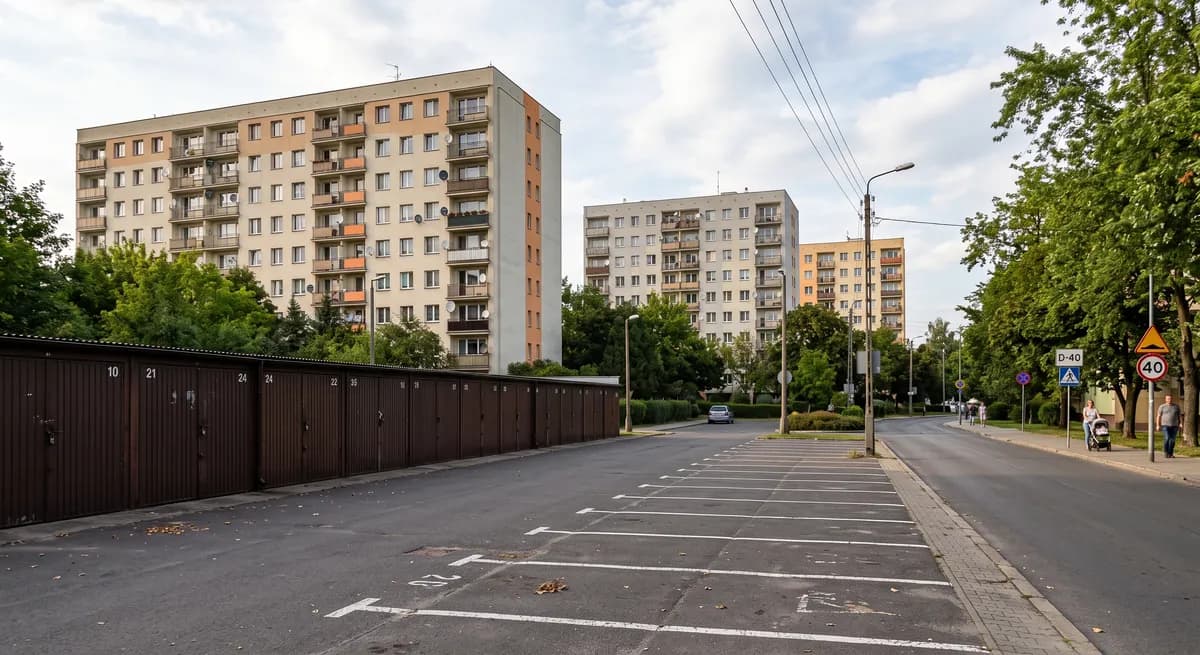 Osiedle z blokami, rzędem garaży i parkingiem