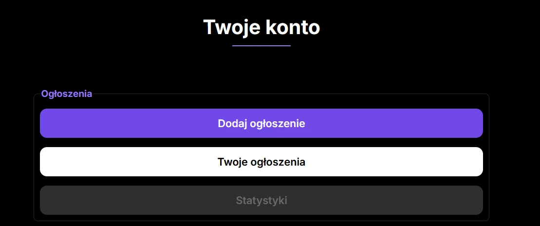 Panel konta Maszbox.pl z przyciskiem dodawania ogłoszenia i listą ogłoszeń użytkownika