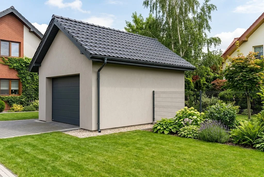 Wolnostojący garaż z pełną ścianą bez okien postawiony przy ogrodzeniu działki sąsiada