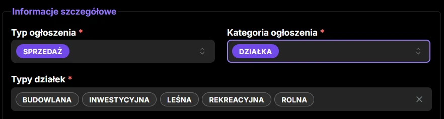 Formularz Maszbox.pl z wybraną kategorią Działka i listą typów działki