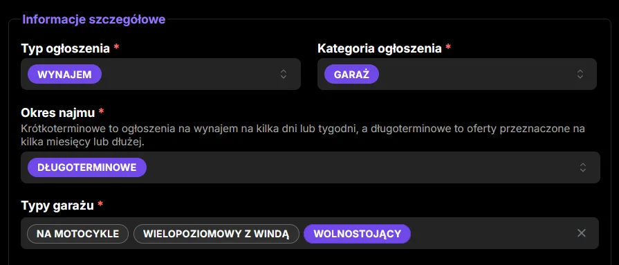 Formularz Maszbox.pl z wybraną kategorią Garaż, okresem najmu Długoterminowe i typem Wolnostojący