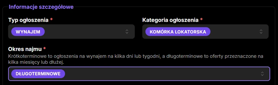 Formularz Maszbox.pl z wybraną kategorią Komórka lokatorska i rodzajem Długoterminowe
