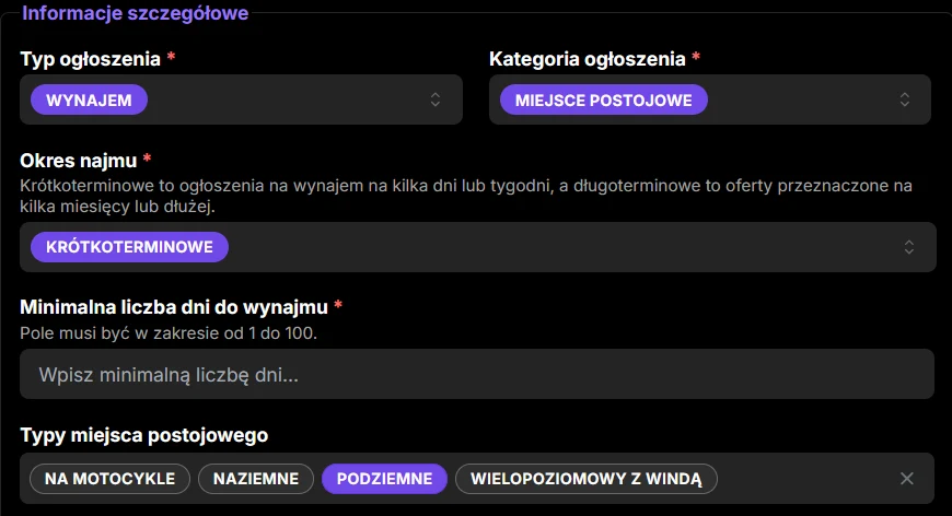 Formularz Maszbox.pl z wybraną kategorią Miejsca postojowe i rodzajem Krótkoterminowe