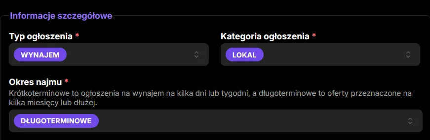 Formularz Maszbox.pl z wybraną kategorią Lokal i rodzajem Długoterminowe
