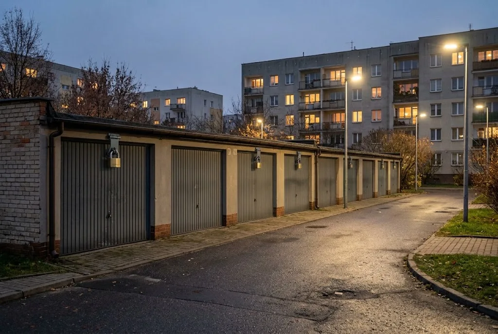 Szereg murowanych garaży z bramami uchylnymi na osiedlu i oświetlony dojazd